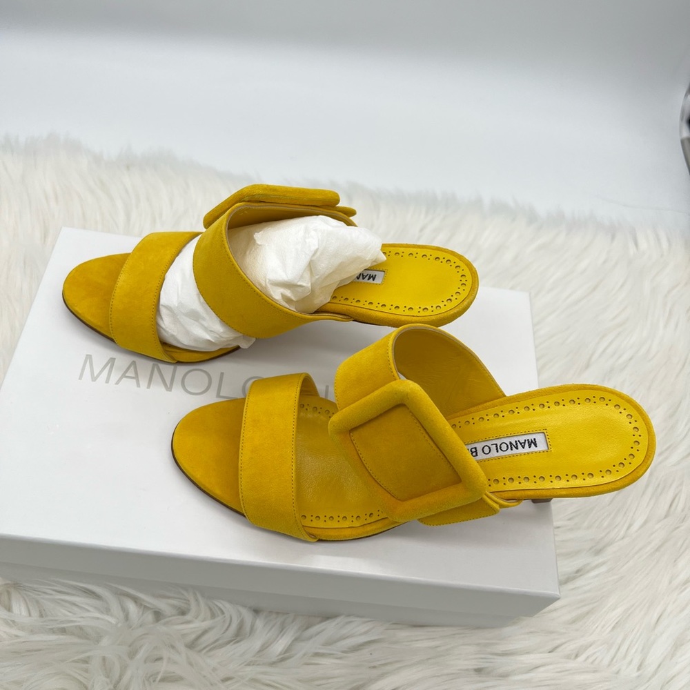 Manolo Blahnik | Gable Suede Buckle Mules - Picture 13 of 15